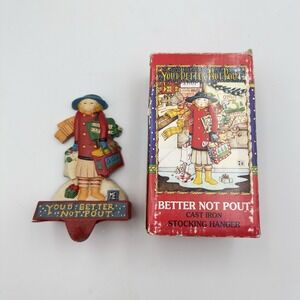 Mary Engelbreit Cast Iron Christmas Stocking Holder YOU'D BETTER NOT POUT BOX